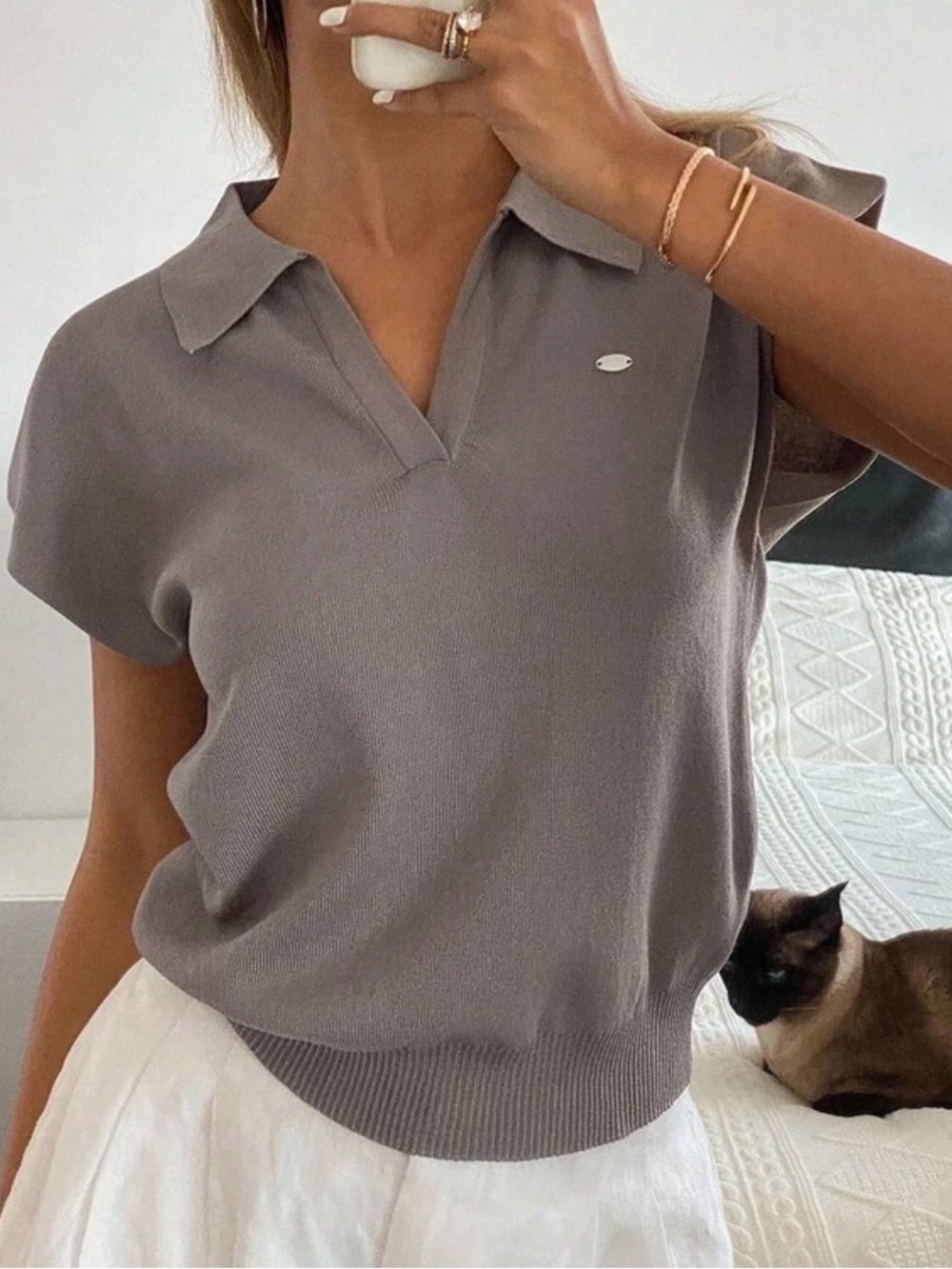 Relaxed V-Neck Polo Sweater Top in Taupe